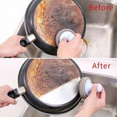 two pictures showing how to clean a frying pan with the help of a sponge