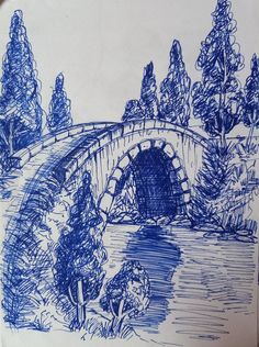 a drawing of a bridge over a river