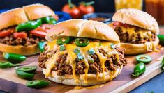 two sloppy joe sandwiches on a cutting board with green peppers and tomatoes in the background