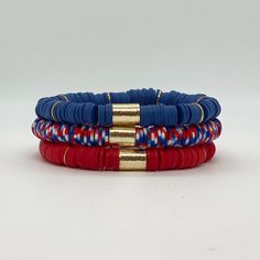 This is the perfect stack for Memorial Day or 4th of July! Everyone loves the red, white and blue 8mm Heishi stack. Bracelets are “one size fits most” and are designed to fit wrists up to 7.0”. Custom sizes available upon request. Please email designsby.kb@yahoo.com once your oder is placed. *Bracelets usually ship within 3-5 business days.