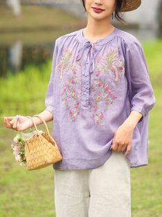 Women Summer Artsy Floral Embroidery Ramie Shirt PA1002 – Adorhershop Casual Purple Blouse With Floral Embroidery, Spring Tops With Tonal Embroidery And Short Sleeves, Spring Short Sleeve Blouse With Tonal Embroidery, Short Sleeve Tops With Tonal Embroidery For Spring, Summer Embroidered Long Sleeve Shirt, Casual Summer Tops With Tonal Embroidery, Summer Long Sleeve Tops With Tonal Embroidery, Long Sleeve Tops With Tonal Embroidery For Summer, Casual Short Sleeve Embroidered Top With Tonal Embroidery