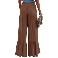 Brown Solid Elastic Waist Wide Leg Casual Pants Brown High Waist Bohemian Pants, Bohemian High Waist Brown Pants, Brown Wide-leg Cargo Pants For Spring, Brown Full-length Pants For Summer, Brown Full-length Summer Pants, Brown Full Length Summer Pants, Summer Brown Solid Color Pants, High Waist Bohemian Pants, Bohemian High Waist Brown Bottoms