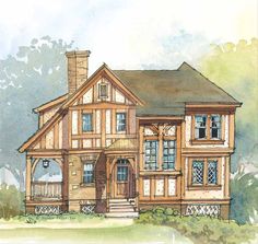 this is an artist's rendering of a house in watercolor and pencils