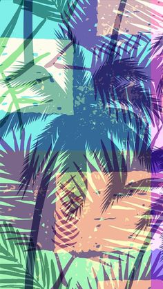 an abstract palm tree pattern in shades of blue, pink, and green on a multi - colored background