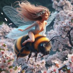 a little fairy sitting on top of a bee in the middle of some pink flowers