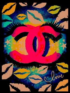 an image of a chanel painting with leaves and stars in the background that says love