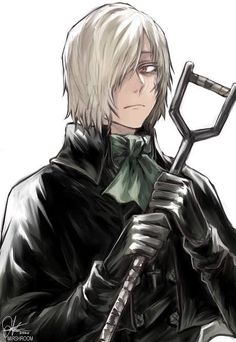 an anime character with white hair holding a large metal key in his hand and wearing black gloves