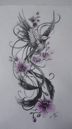 a drawing of a bird with flowers on it's back and wings in the air