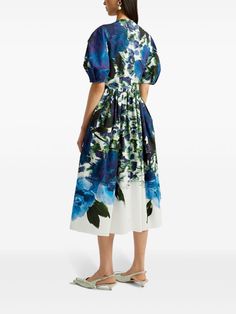 ERDEM abstract-print Tafetta Midi Dress - Farfetch Summer Silk Midi Dress With Puff Sleeves, Blue Silk Midi Dress With Short Sleeves, Short Sleeve Blue Silk Midi Dress, Spring Silk Midi Dress With Puff Sleeves, Erdem Dress, Midi Dress Blue, Denim Midi Dress, Green Hues, City Dress