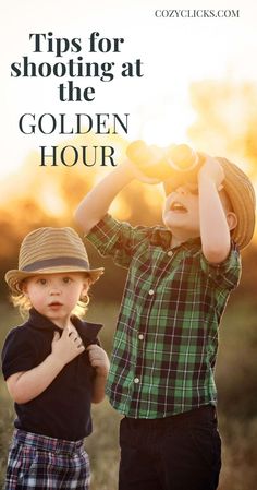 two young boys standing next to each other with the words tips for shooting at the golden hour