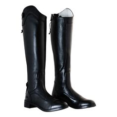 a pair of black riding boots on white background