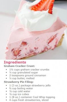 a piece of strawberry cream pie on a white plate with instructions for the recipe below