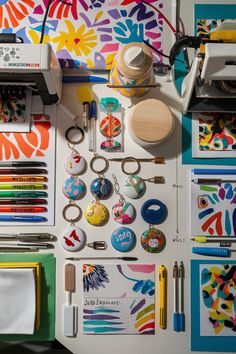 an assortment of crafting supplies displayed on a table