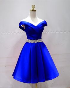 Satin V-neck Belted Dress, Belted V-neck Satin Dress, Satin Party Dresses With Sashes, Blue Dress For Graduation, Belted V-neck Wedding Dress, Cocktail Dress Classy Elegant, Royal Blue Homecoming, Blue Hoco Dress, Off The Shoulder Homecoming Dress