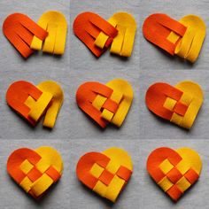 several orange and yellow heart shapes cut out of felt