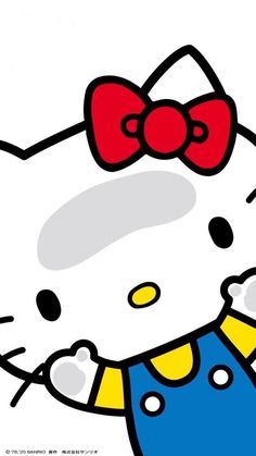 an image of a hello kitty with a bow on it's head and overalls