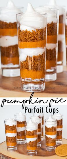 pumpkin pie shooters with whipped cream on top and cookies in the bottom for garnish