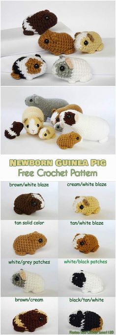 the crochet guinea pattern is shown in several different colors and sizes, including white, brown, black, gray, green