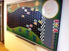 a large race themed board hangs on the wall