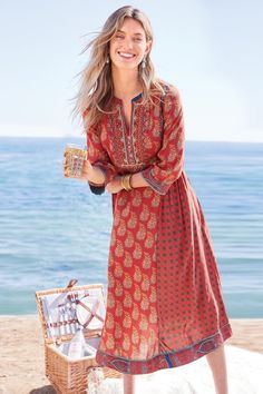 Phoenix Dress - Mixed Patterned Midi Dress | Soft Surroundings Dresses For Women Over 60, Romantic Clothing Style, Phoenix Dress, Soft Surroundings Dresses, Patterned Midi Dress, Romantic Outfit, Suede Fashion, Velvet Fashion, Mid Length Dresses