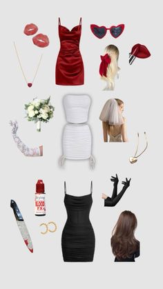 a woman's dress and accessories are arranged in the shape of a collage