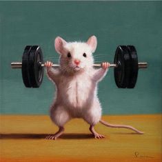 a painting of a mouse lifting a barbell