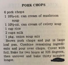 the recipe for pork chops is shown in an open book