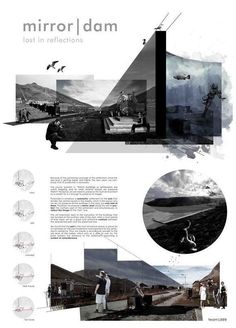 an advertisement for the mirror dam project, with images and captions in black and white