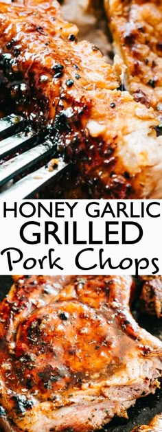 honey garlic grilled pork chops on a grill with text overlay that reads honey garlic grilled pork chops