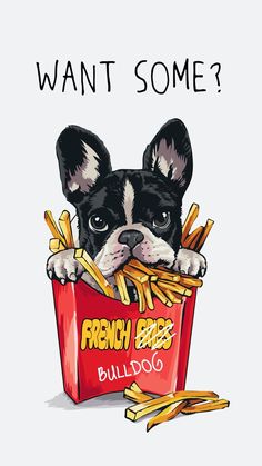 a dog that is eating french fries out of a box with the caption want some?