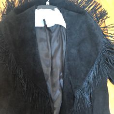 Genuine Suede Leather Beautiful Long Coat With Fringe Around Collar And Cascading Down The Front Never Worn New With Tags Designer Pamela Mccoy Black Fringe Outerwear For Party, Black Fringe Party Outerwear, Elegant Black Fringe Outerwear, Fitted Black Outerwear With Fringe, Fitted Vintage Outerwear With Fringe, Vintage Fringed Winter Outerwear, Fitted Black Fringe Outerwear, Black Suede Fringe Jacket, Leather Fringe Coats & Jackets