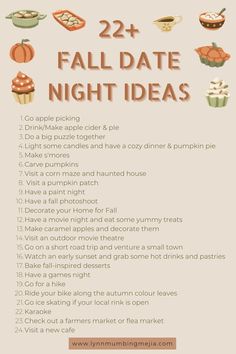 the fall date night ideas list with pumpkins and cupcakes on it is shown