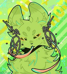 a drawing of a cat with headphones on it's ears and eyes, sitting in front of a green background