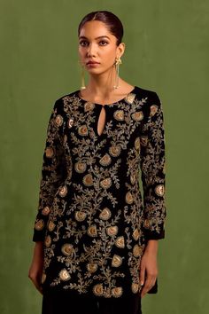 Black velvet dabka floral embroidered kurta, embellished by beads and sequin. Comes with matching sharara. - Aza Fashions Designer Elegant Embroidered Top For Diwali, Traditional Floral Embroidered Palazzo Set For Party, Traditional Floral Embroidery Palazzo Set For Party, Festive Straight Kurta Tops For Party, Elegant Resham Embroidered Top For Festive Occasions, Festive Resham Embroidered Elegant Top, Elegant Floral Embroidered Kurta For Party, Elegant Floral Embroidery Kurta For Party, Elegant Embellished Embroidered Top For Designer Wear