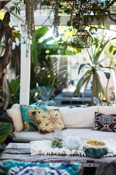 an outdoor seating area with lots of plants and potted trees in the back ground