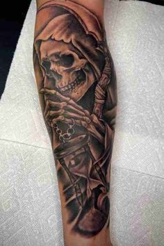 Cool Men Forearm Tattoos, Skeleton Grim Reaper Tattoo, Grim Reaper Shin Tattoo, Astetic Tattoos For Men, Mens Skull Tattoo Ideas, Grim Reaper Forearm Tattoo Men, Grim Reaper Leg Tattoo, Born To Kill Tattoo, Grim Reaper Realistic