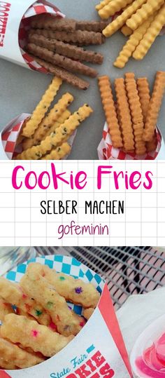 some cookies and other snacks on a table with the words cookie fries selber machen