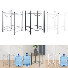 four different types of water storage racks and one is holding two large plastic bottles, the other has a metal frame