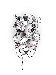 a drawing of a teddy bear with flowers on it's head and beads around its neck