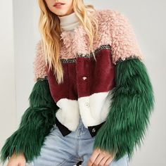 Multi Color Faux Fur Multicolor Fall Outerwear With Faux Fur Trim, Multicolor Faux Fur Trim Outerwear For Fall, Fall Multicolor Outerwear With Faux Fur Trim, Pink Faux Fur Outerwear For Fall, Pink Spring Outerwear With Faux Fur Trim, Diy Knit, Knit Projects, Color Block Jacket, Amber Color