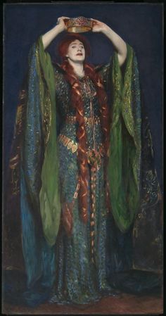 a painting of a woman wearing a green dress and holding her hands on her head