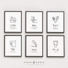 four black and white prints with different types of bathroom items on the wall above them