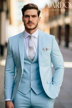 Blue Three-piece Suit For Ceremony, Fitted Blue Suits For Ceremony, Tailored Blue Blazer For Ceremony, Blue Tailored Blazer For Ceremonies, Bespoke Blue Wedding Suits, Tailored Blue Suit For Ceremony, Classic Blue Suit For Ceremonies, Bespoke Blue Suits For Groom, Tailored Light Blue Blazer For Wedding