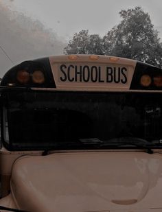 the front end of a school bus with trees in the background and foggy sky