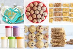 there are many different foods and desserts in this collage, including cookies, rice krispy treats, cereal bars, and more