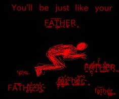 the words are written in red on a black background, with a drawing of a man running