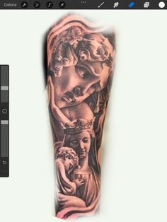 the arm is covered in tattoos and features images of women, men's faces