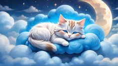 a painting of a cat sleeping on top of a cloud with the moon in the background