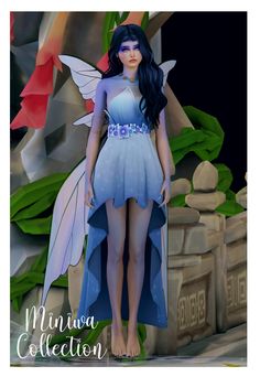 a digital painting of a woman in a blue dress with wings on her head and the words minna collection written below