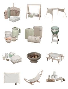 an assortment of outdoor furniture and accessories